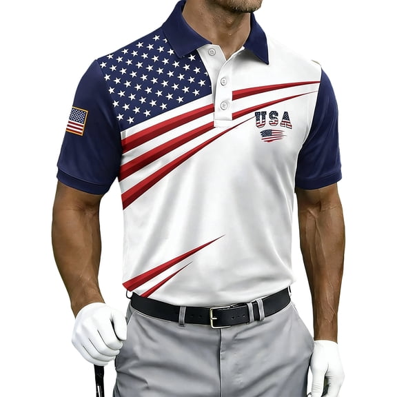 Trgacdwlo Men's Short Sleeve Polo Shirts 250th Anniversary USA Flag Print Freedom 4th of July Collared Henley Mens Golf Shirts Blue L