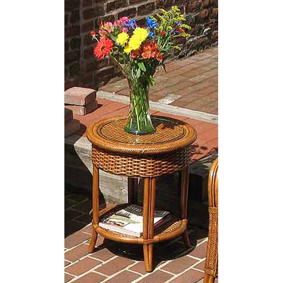 Wicker End Table w/Glass Top, Natural Wicker Round Tangiers Style