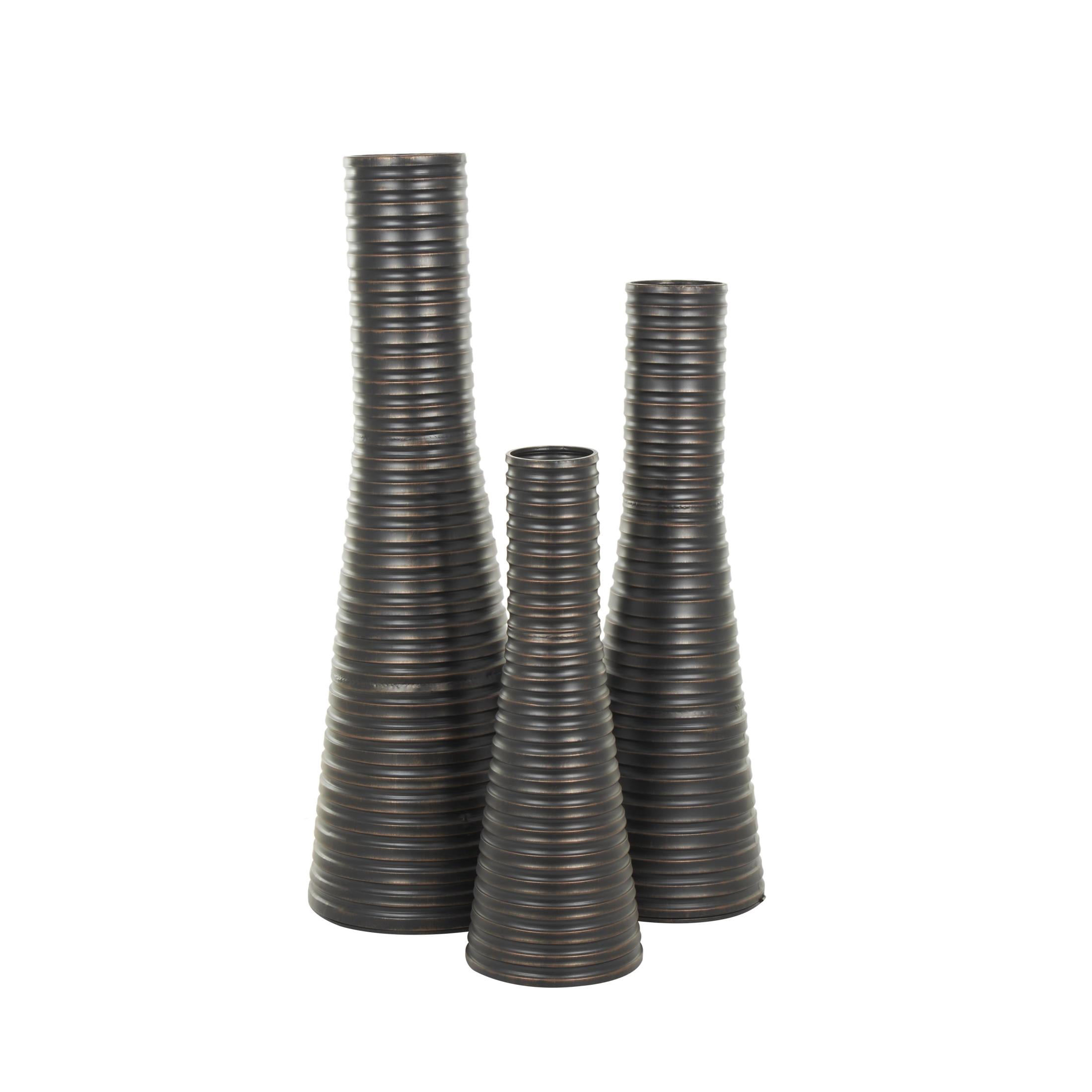 DecMode 56", 44", 34"H Ribbed Tall Cone Floor Bronze Metal Vase with Horizontal Grooves, Set of 3