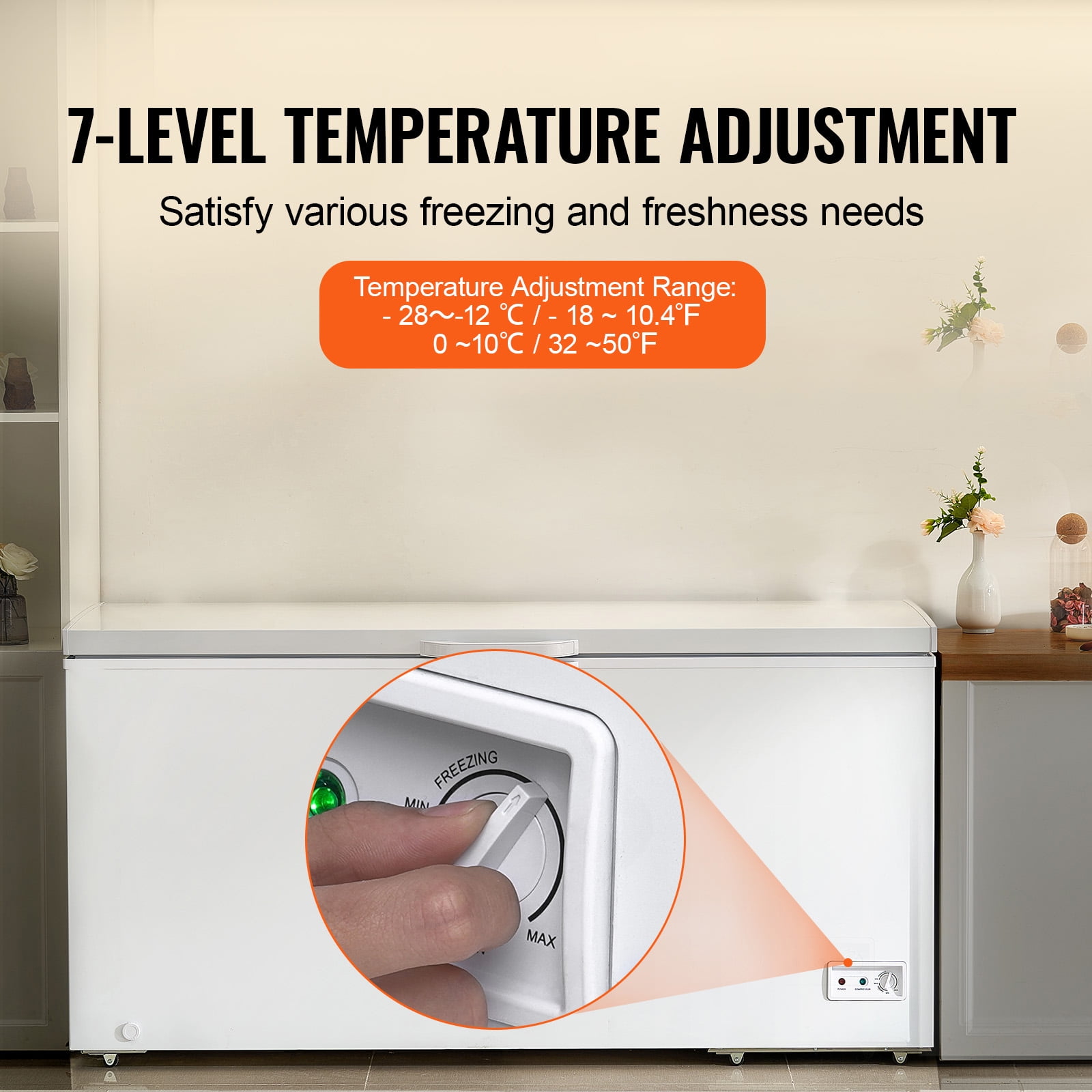 KFFKFF 17 Cu.ft Freestanding Chest Freezer, Large Capacity Deep Freezer with 4 Removable Baskets, Lockable Lid, Adjustable Temperature Range -18.4℉ to 50℉, LED Light, and 6 Wheels