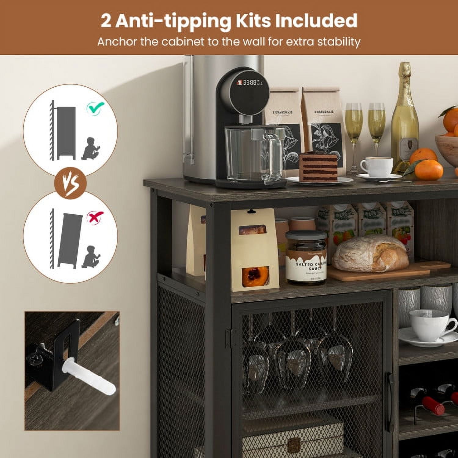 Finihen Kitchen Storage Cabinet, Buffet Sideboard, 55-Inch Buffet Sideboard with 8-Bottle Wine Racks and Wine Glass Holders, for Dining Room, Kitchen, Living Room, Gray Finihen Kitchen Storage Cabinet, Buffet Sideboard, 55-Inch Buffet Sideboard with 8-Bottle Wine Racks and Wine Glass Holders, for Dining Room, Kitchen, Living Room, Gray