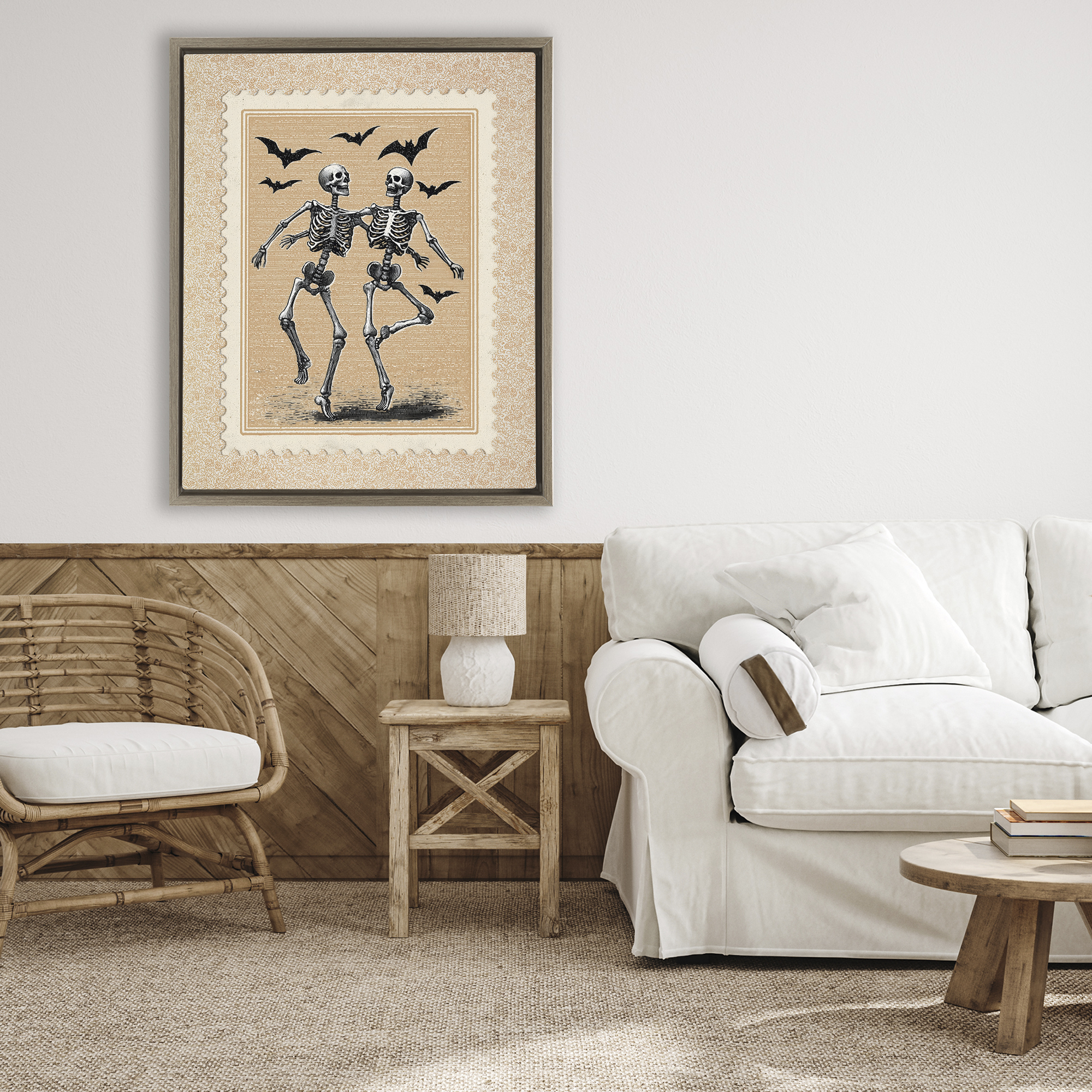 Vintage Dancing Skeletons Stamp Brown Framed Floater Canvas Wall Art, design by Arlington Prints
