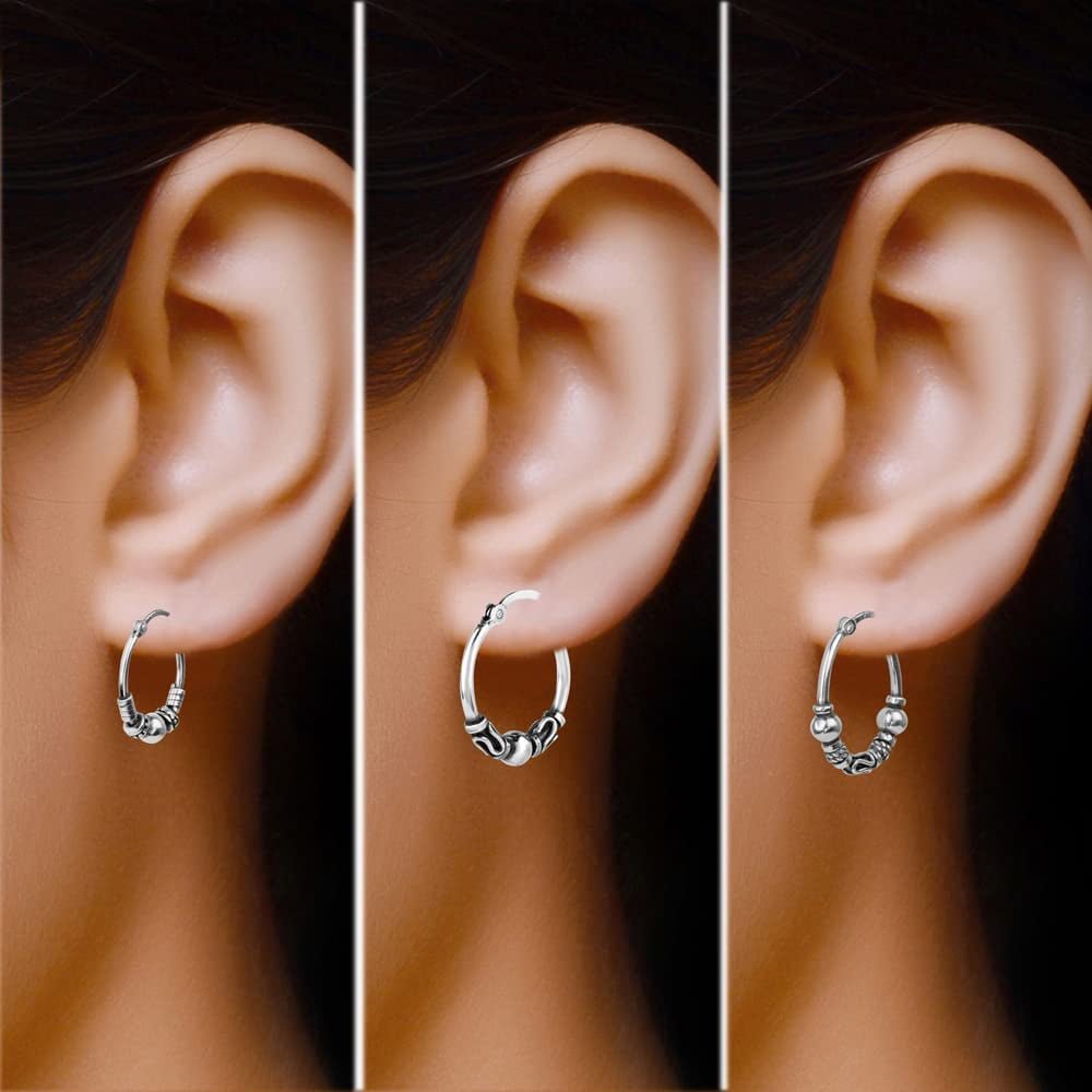 LeCalla 925 Sterling Silver Hypoallergenic Balinese Hoop Earrings Set for Women and Teen, 3 Pairs (17MM, 20MM)