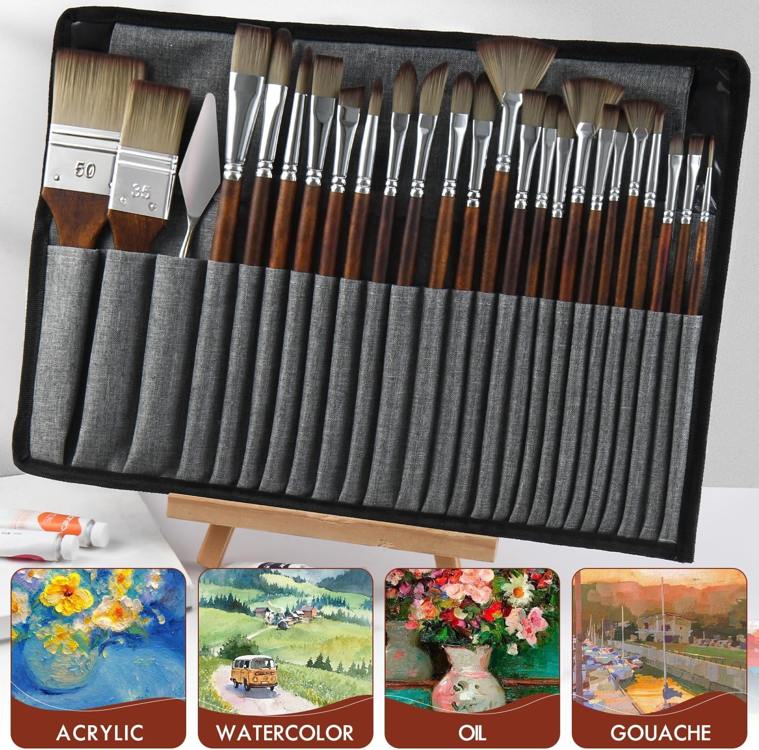 25 Pieces Paint Brush Set, Artist Professional Series, Synthetic Acrylic Paint Brushes with Flat, Filbert, Fan, Dagger, Cat Tongue, Round, Angle, Rigger for Oil, Acrylic Canvas Paintings