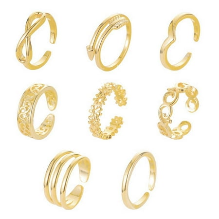 SharkTRUE Adjustable Toe Rings 8-Pack - Open Band Foot Jewelry Set for Women, Rose Gold
