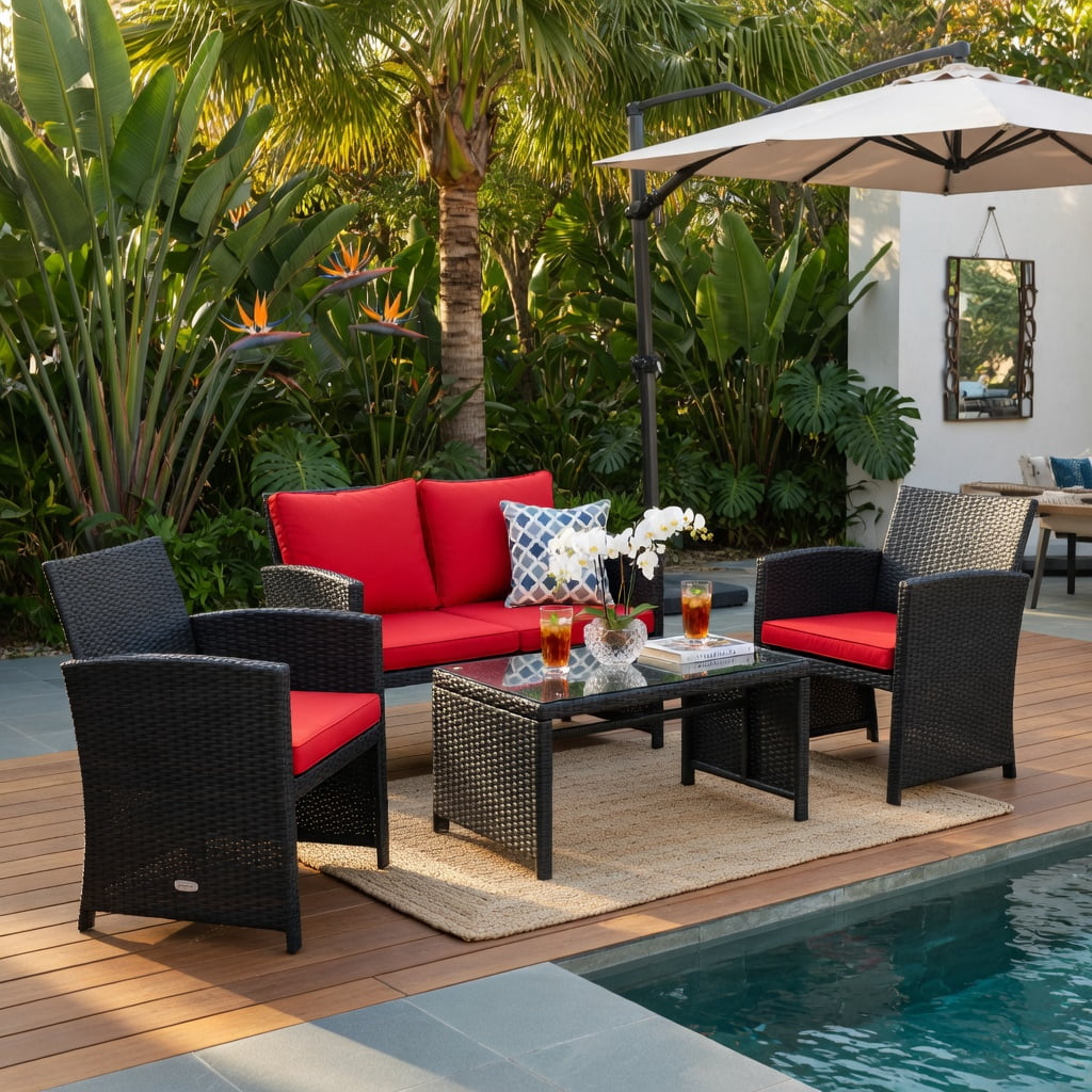 Hommoo 4-Piece Outdoor Rattan Patio Furniture Set with Cushions, Loveseat, 2 Chairs, Tempered Glass Coffee Table, Red