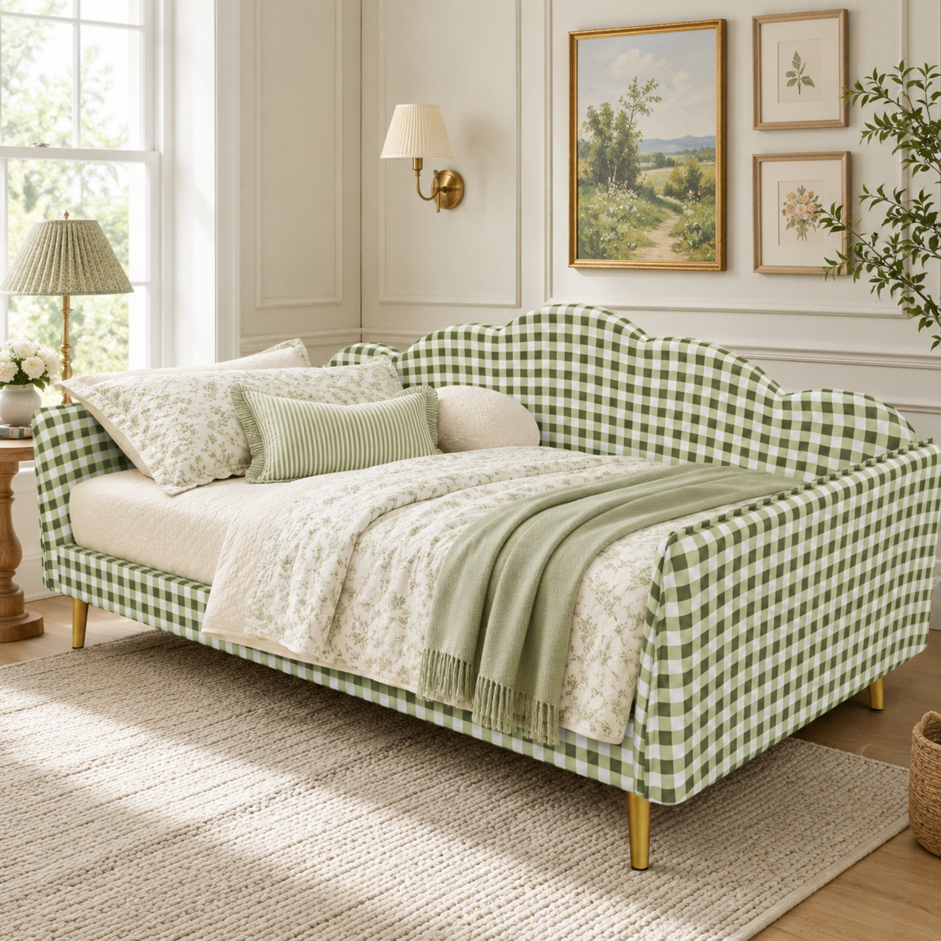 Euroco Upholstery Twin Size Daybed, Wood Sofa Platform Bed with Gingham Design and Metal Legs, No Box Spring Needed, Green