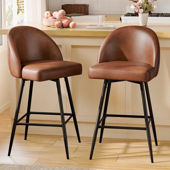 CDCASA Swivel Counter Height Bar Stools Set of 2, 27" Seat Height Modern Barstools with Back and Metal Legs, Upholstered Kitchen Island Chairs, Faux Leather in Brown