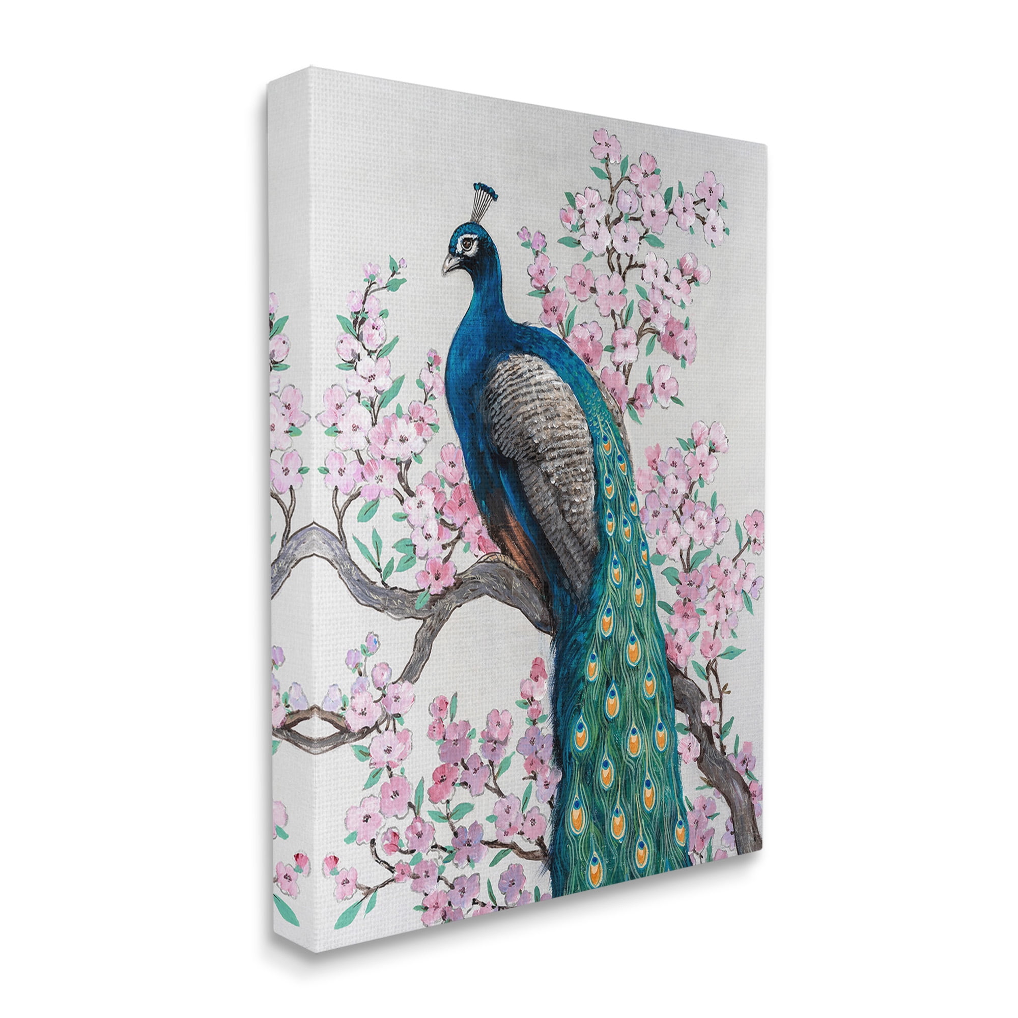 Stupell Industries Peacock & Cherry Blossoms Animals & Insects Painting Gallery Wrapped Canvas Art Print Wall Art, 30 x 40