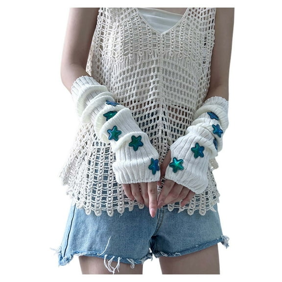 UJNDER Style Star Knit Fingerless Warm Gloves for Women Fall Winter Arm Warmers Fashion Accessories White One Size