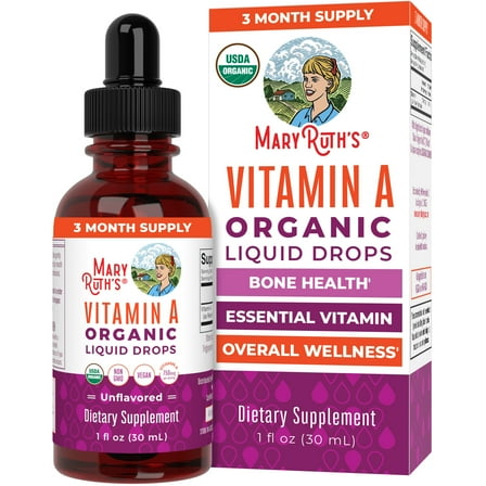 MaryRuth’s USDA Organic Vitamin A Liquid Drops | 3 Month Supply | Bone Health for Ages 14  | Essential Vitamin | 750mcg per Serving | Sugar Free | Vegan | Non-GMO | Gluten Free | 1oz