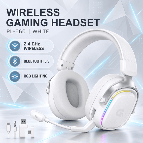 Breynko Wireless Gaming Headset for PS5/PS4/PC/Switch,Bluetooth 5.3 Headphones with Flip-to-Mute Mic,RGB Light,White(3.5mm Wired for Xbox)