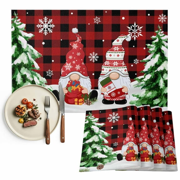 Gnomes Merry Christmas Placemats Set of 6, Winter Snowflakes Trees Table Mats Washable Heat-Insulation Non-Slip Place Mats for Kitchen Dinner Table Indoor Outdoor Decor,13x19 Inch Red Plaid