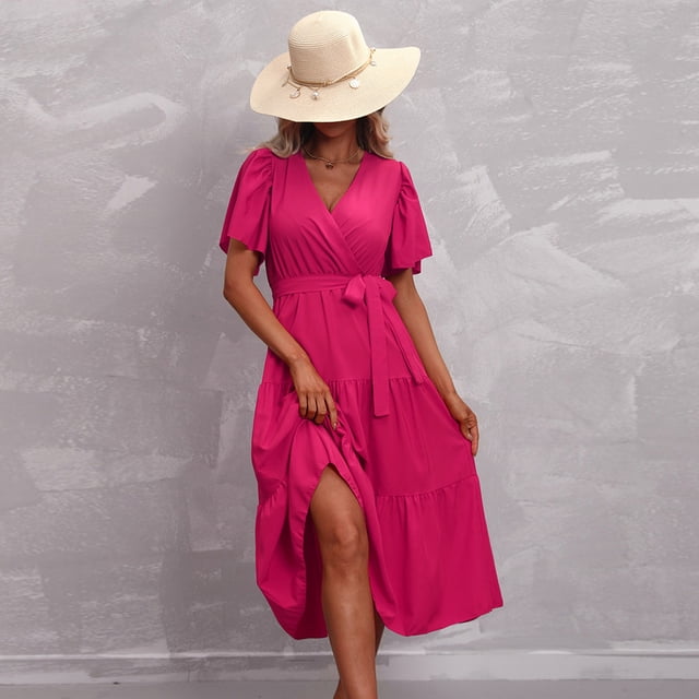 Gspmoly Robes pour Femmes, Robe Décontractée pour Femmes avec Poches d'Été à Imprimé Floral, Robe Courte à Col en V, Robes de Fête pour Femmes jusqu'à 65 % de Rabais