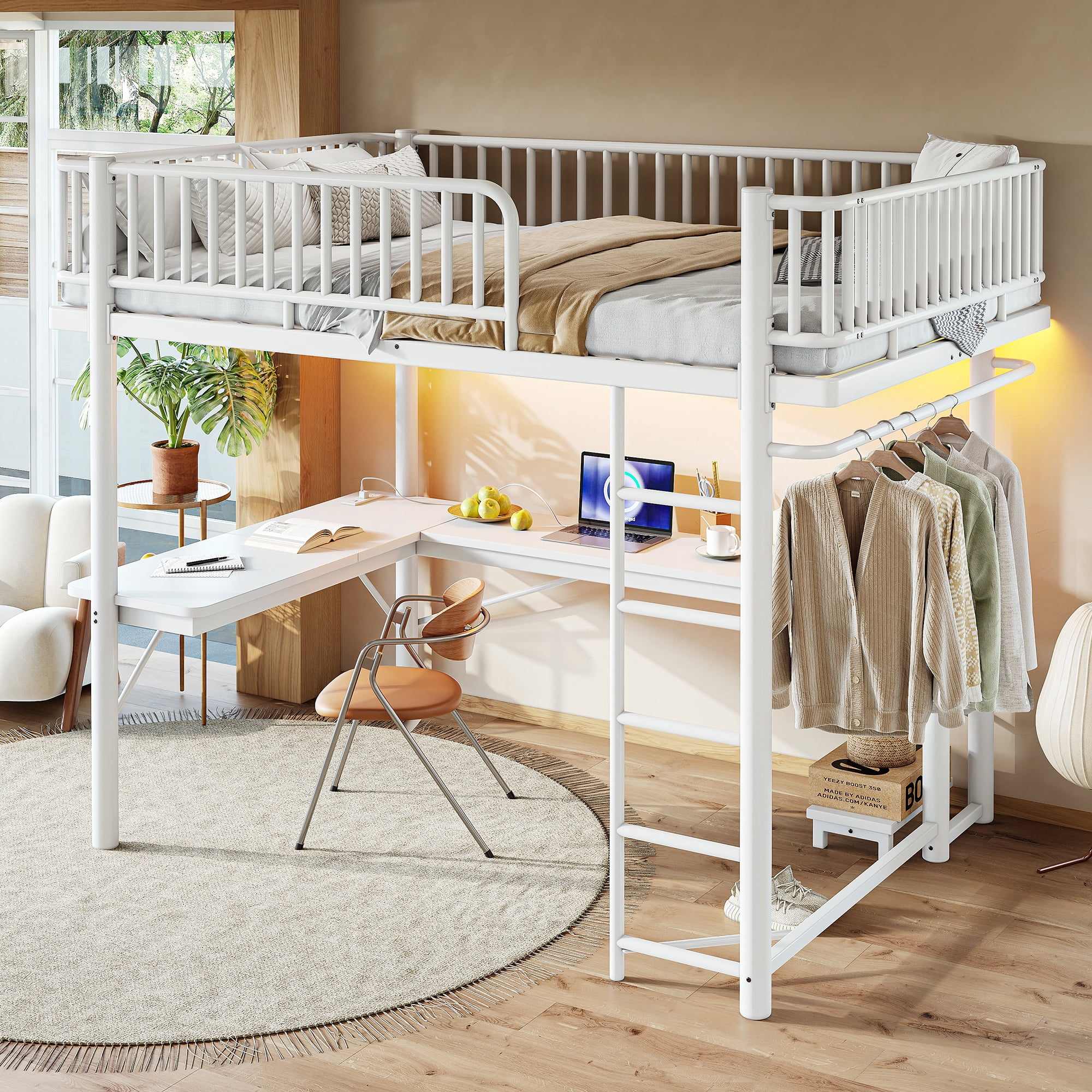 Leumius Queen Loft Bed with L-Shaped Desk,LED Light Strip and Charge Station,Metal Loft Bed Frame with Computer Mainframe Tray and Hanging Area,Light White