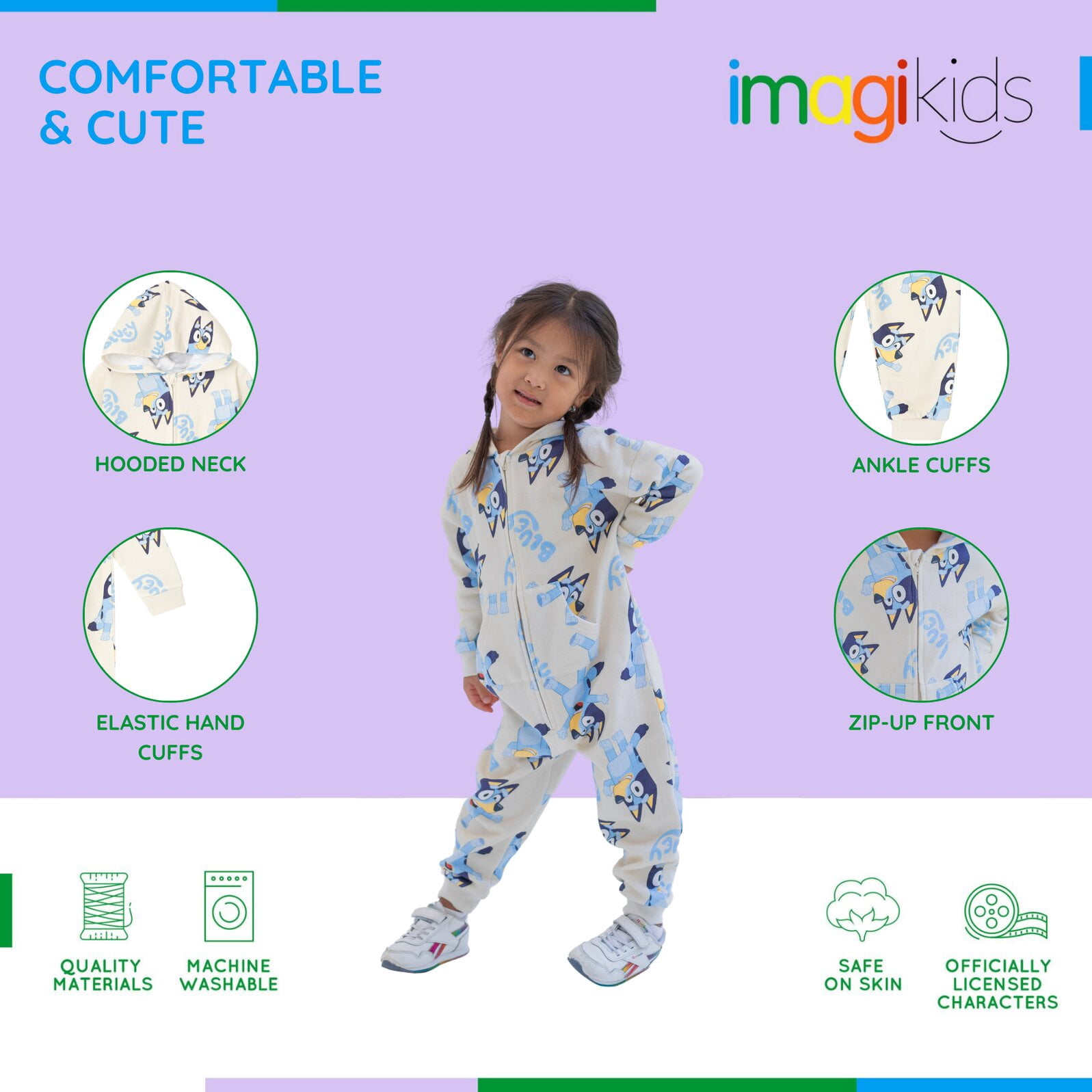 Bluey Toddler Fleece, Cotton, Polyester Zip Up Coverall, White, 6