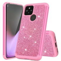 for Google Pixel 5 with Temper Glass Phone Case Glitter Shock proof Edge Scratch Shield Hybrid Layers Slim Bumper Cover (Pink)