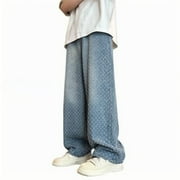 FcBaudy Full Length Pants Man Solid Color Acquard Pattern Rinsing Jeans Straight Barrel Trousers Man Polyester Trousers