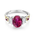 thumbnail image 2 of Gem Stone King 925 Silver and 10K Yellow Gold 3-Stone Ring Oval Red Created Ruby and Moissanite (2.50 Cttw, Size 6), 2 of 3