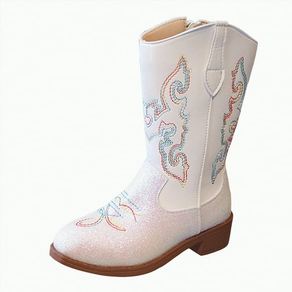 Linfrsh Boots for Girls Kids Western Boots for Boys Girls Embroidered Cowgirl Cowboy Boots Square Toe Mid Calf Riding Shoes Little Kid/Big Kid White,13
