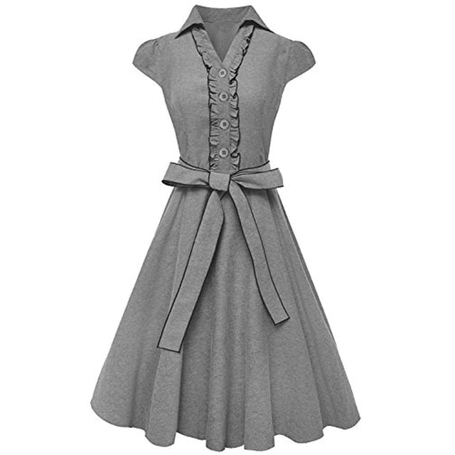 Peach Couture 100% Cotton Ruffle Neck Self Tie Cap Sleeve Knee Length Sundress Grey Small