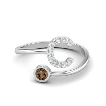 Capital C Initial Letter 3MM Round Smoky Quartz 925 Sterling Silver Women Adjustable Mother's Day Gift Ring