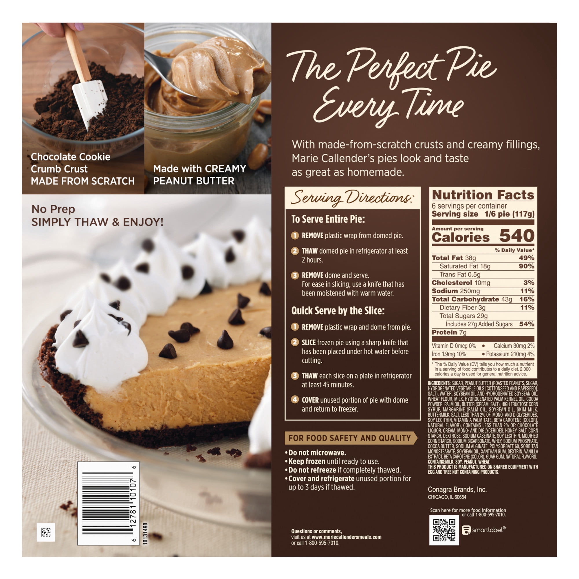Marie Callender's Peanut Butter Cream Pie, Thaw & Enjoy Frozen Dessert, 24.8 oz.