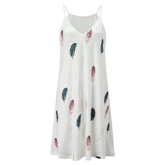 MAWCLOS Robe d'Été de Plage pour Femmes Bretelles Spaghetti Robe Courte Sans Manches Mini Robes Hawaïennes Fête Col en V Plume 3TG