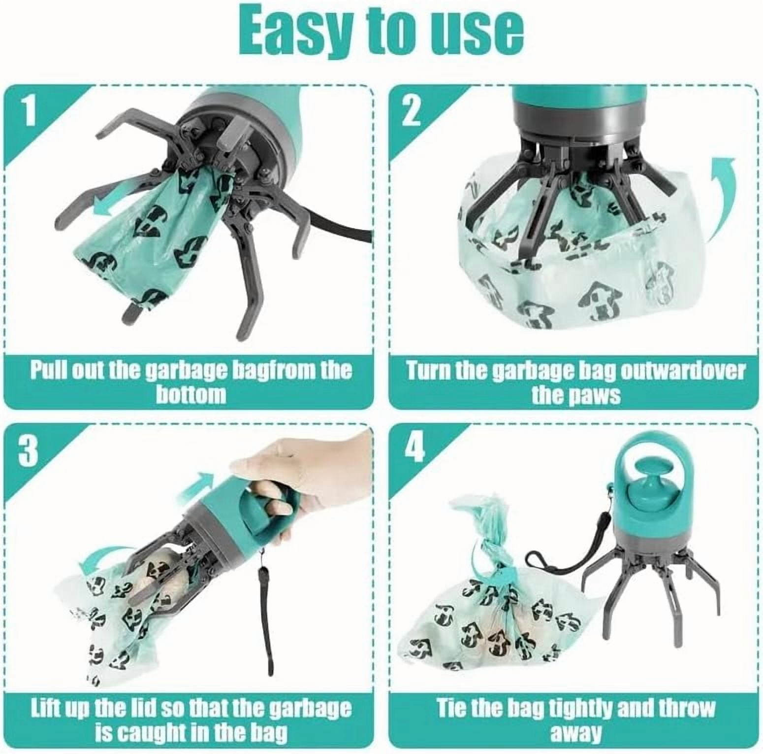 Portable Dog Poop Scooper with 4 Waste Bag Rolls, Hands-Free 6-Claw Pet Waste Pickup Tool, Teal/Gray Sanitary Poop Catcher with Built-in Bag Dispenser for Outdoor Dog Walking