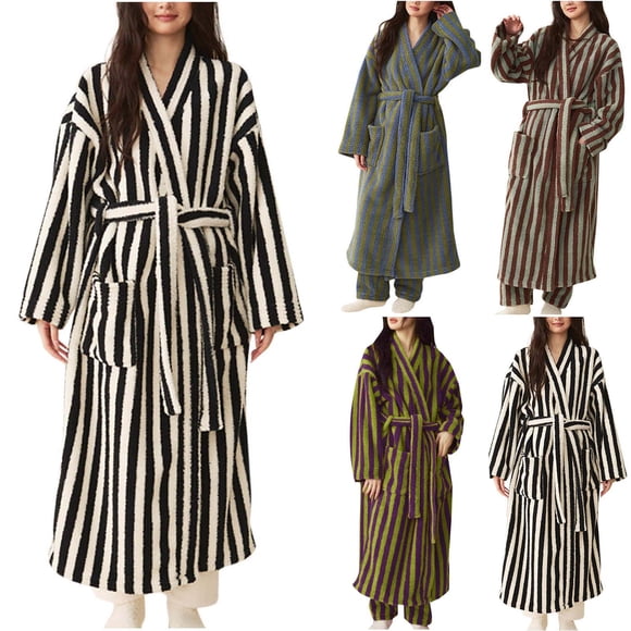 Meichang Striped Robe for Women Winter Warm Plush Fleece Long Bathrobe Loungewear with Belted Pockets Soft Kimono Bathrobes