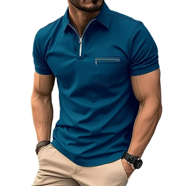 ZAXARRA Polo d'Été à Fermeture à Glissière 1/4 pour Hommes, Couleur Unie Manches Courtes Col Rabattu Hauts Amples Chemise de Sport Décontractée