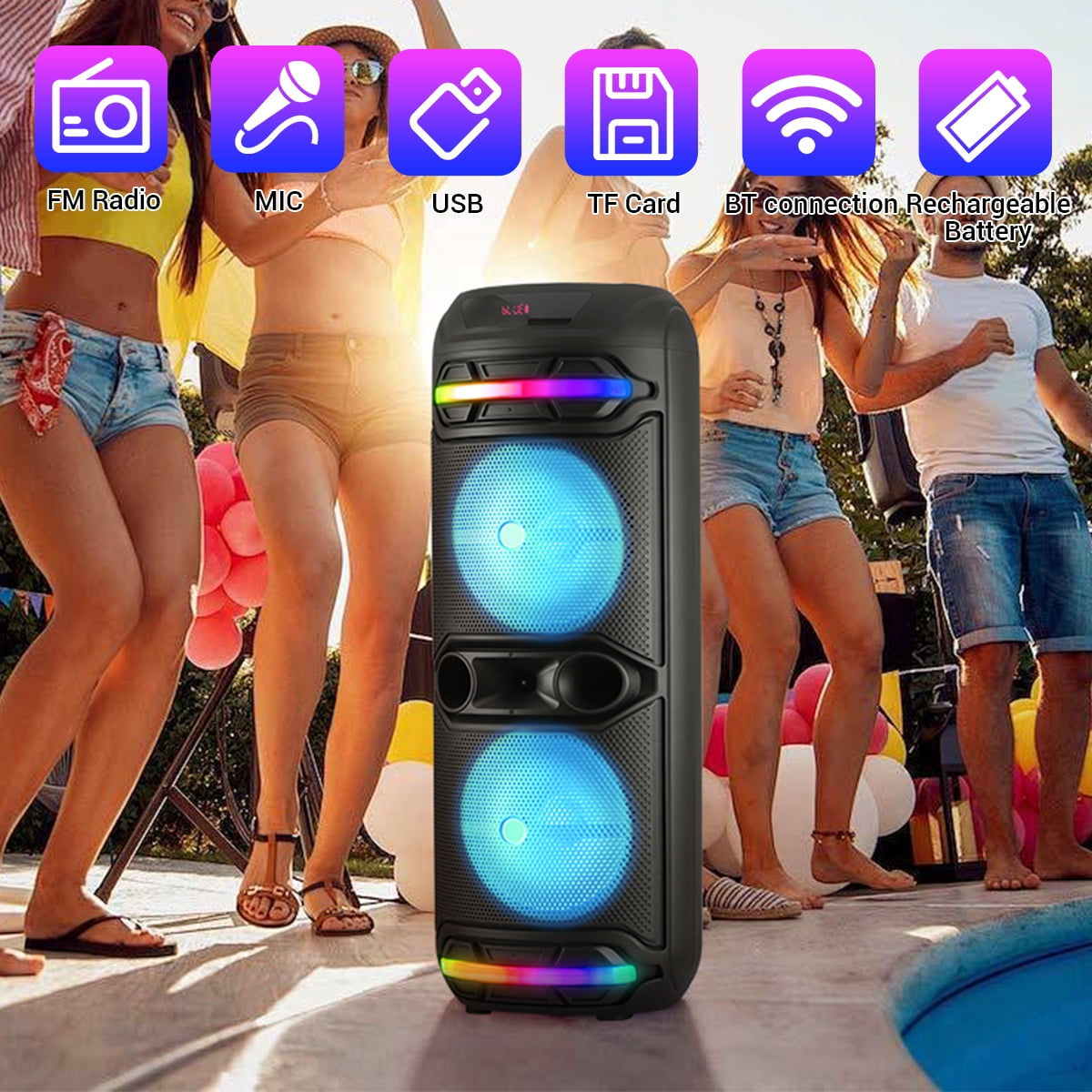 RIDWIND 5000W Powerful Bluetooth Party Speaker with Dual 12" Woofers, Portable Rechargeable Stereo Speaker, LED Lights, FM Radio & Wireless Mic for Karaoke