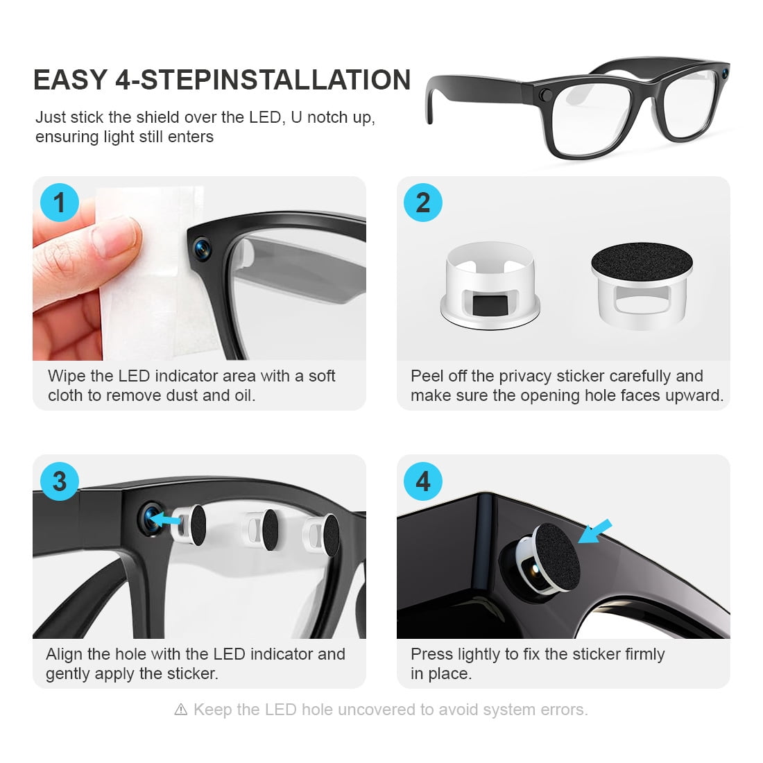 8-Pack LED Light Blocking Stickers for Meta Ray-Ban Smart Glasses, Anti-Glare Camera Cover, Eye Comfort Privacy Light Reducer Accessories (Black)