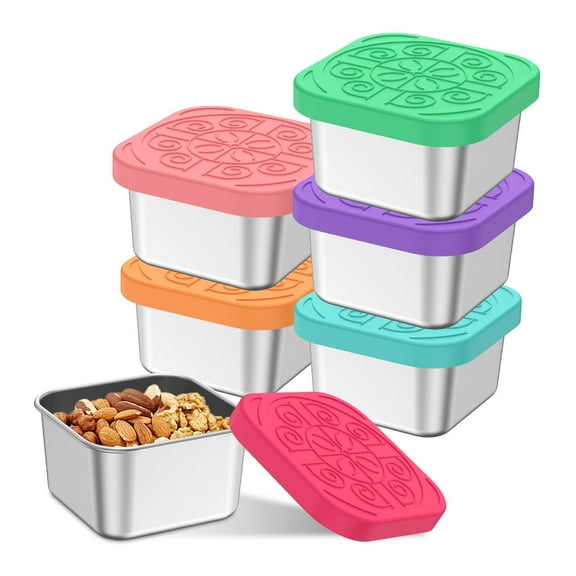 Ikoopy 6Pcs Stainless Steel Snack Container 60/180 ml Portable Small Metal Sauce Container with Silicone Lid Leakproof Food Condiment Box Dishwasher Safe for Picnic
