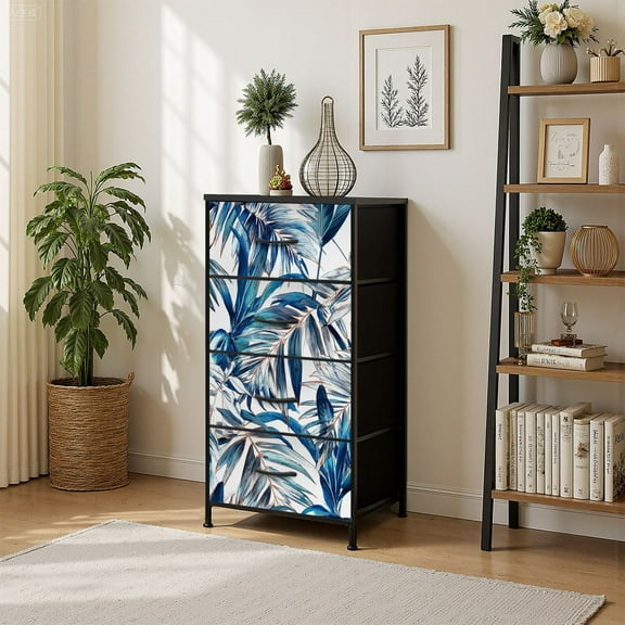 4 Drawer Vertical Storage Dresser Floral fashion tropical palm leaves watercolor style with Wood Top Fabric Pull Drawers