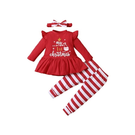 

Newborn Baby Girl My 1st Christmas Outfit Ruffle Long Sleeve Santa Claus Tunic Dress Top Plaid Stripe Pants Clothes Set