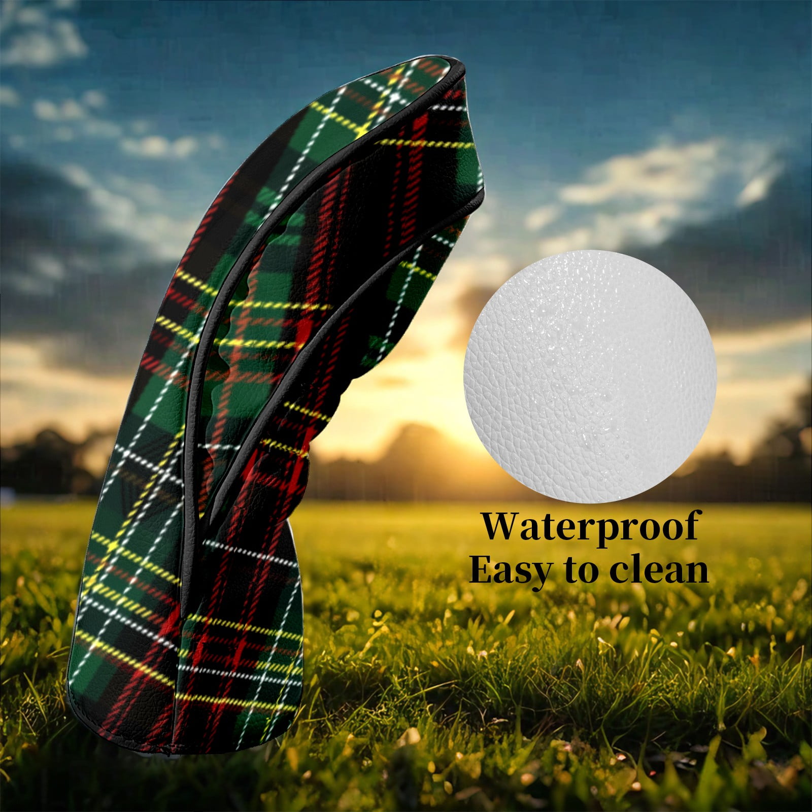 Golf Head Covers for Woods and Driver Waterproof Leather Golf Club Head Covers for Women Men Golf Driver Fairway Wood Headcover Dark Plaid Seamless Design