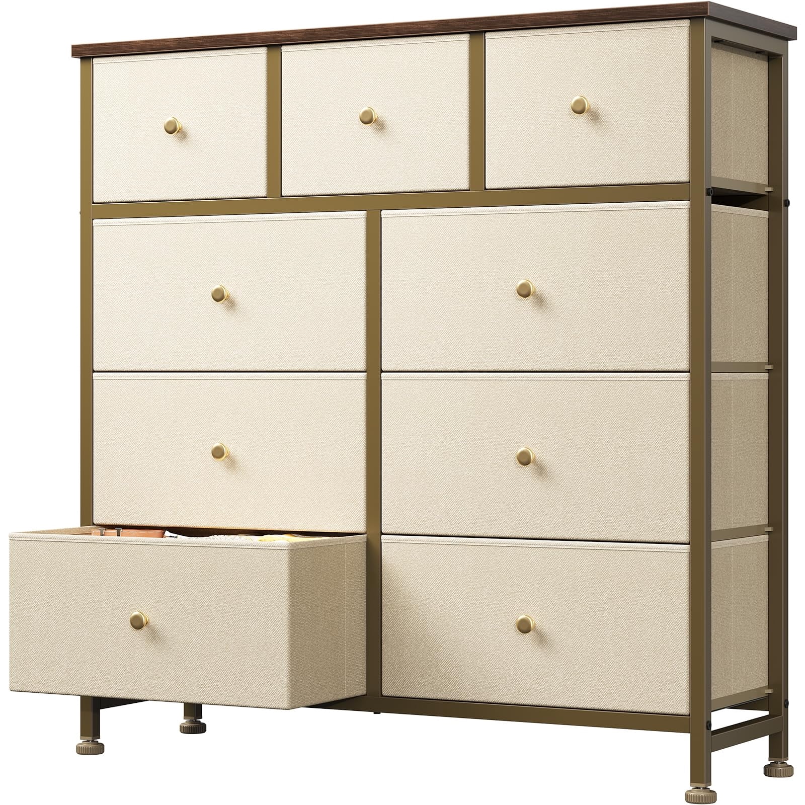Telyra 9-Drawer Fabric Dresser Tall Storage Tower with Wood Top and Steel Frame Bedroom Closet Organizer, Khaki