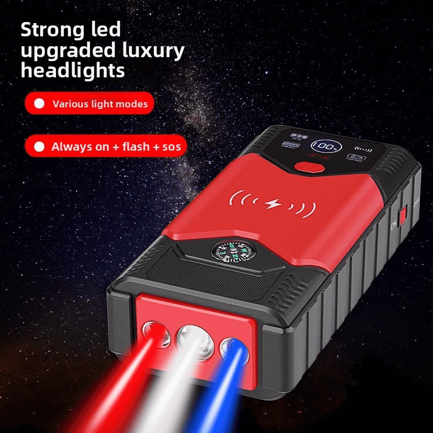 99800mAh Car Battery Charger Portable Jump Starter with Air Compressor for 12V Vehicles LED Flashlight Power Bank Wireless Charging