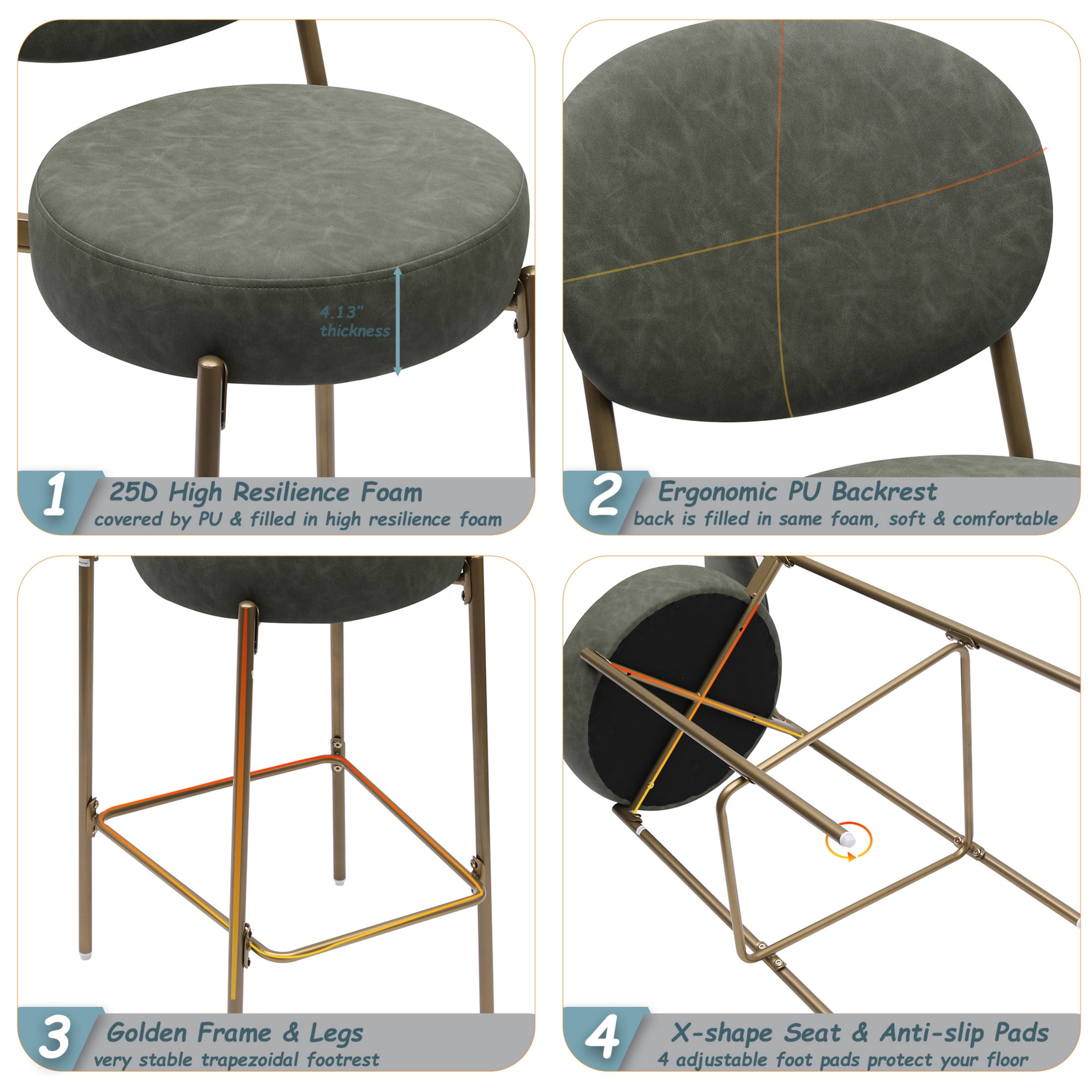 Noble House Faux Leather Bar Stools Set of 2 with Backrest & Footrest, Counter Height Chairs, Green