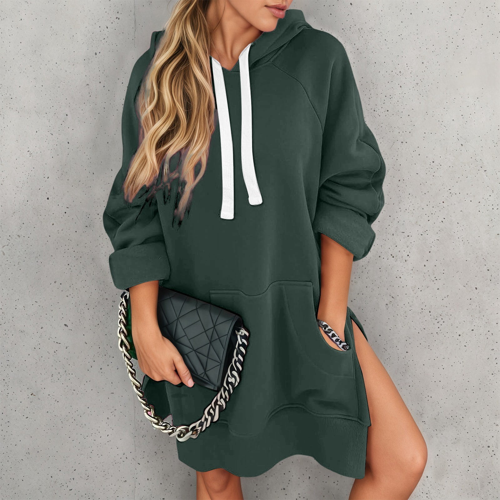 Telankuip The Warmy Oversized Hoodie Dress Women's Casual Long Sleeve Drawstring Pullover Sweatshirts Solid Color Split Hem Long Hooded Tops with Pocket Green XXXL