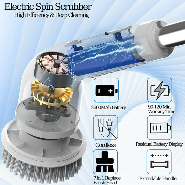 3 Speed Electric Spin Scrubber with LED Display and Night Light, Cordless Cleaning  Brush with 7 Replaceable Brush Heads and 43 inch Adjustable Extension  Handle for Bathroom, Floor, Tile, Glass, Tub 