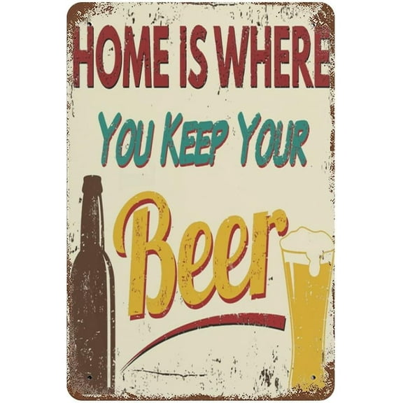 5.5x8 Inch Vintage Metal Tin Sign Home Is Where You Keep Your Beer Funny Home Decor Beer Sign For Bedroom Office Cafe Home Coffee Bar Pub Kitchen Bathroom Garden Yard Funny Wall Art Decor
