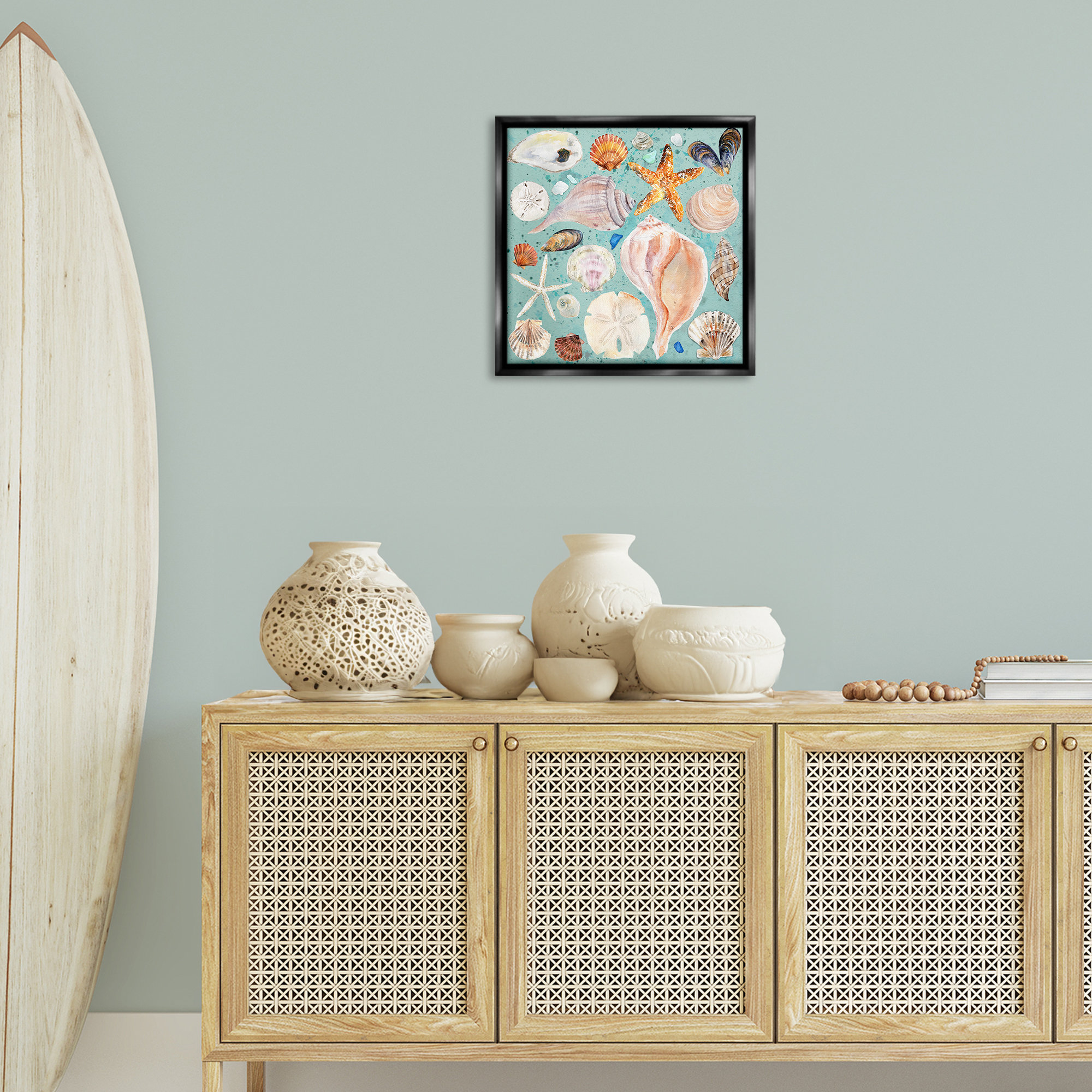 Stupell Industries Seashell Puzzle Pattern Coastal Painting Black Floater Framed Canvas Art Print Wall Art, 18 x 18