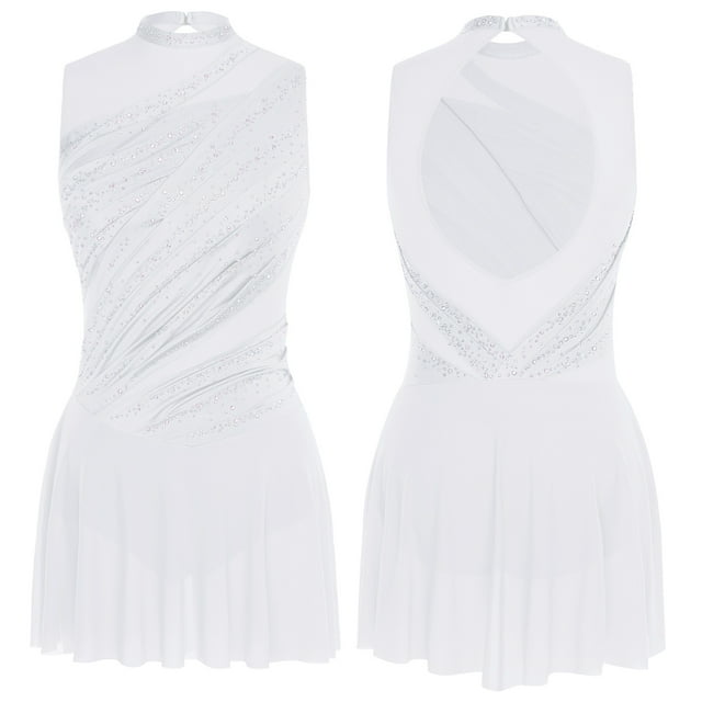 renvena Costume de Danse Lyrique Robe de Ballet Moderne Sans Manches avec Strass Contemporain Blanc TTG