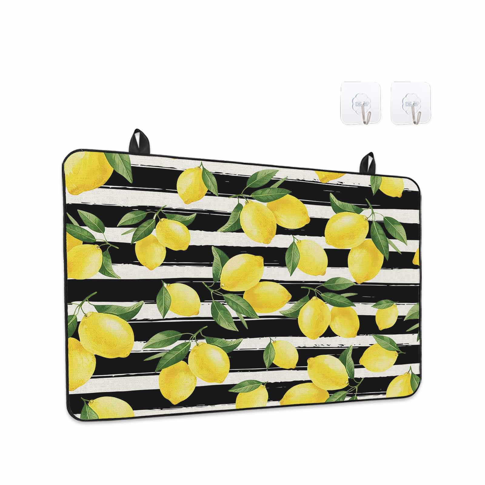 Yellow Lemons Stove Top Cover for Electric Stove, Heat-proof & Non Slip Glass Top Stove Cover Protector, Summer Citrus Fruits Leaves Black Stripes Kitchen Flat Cooktop Rubber Mat 24x21 Inches