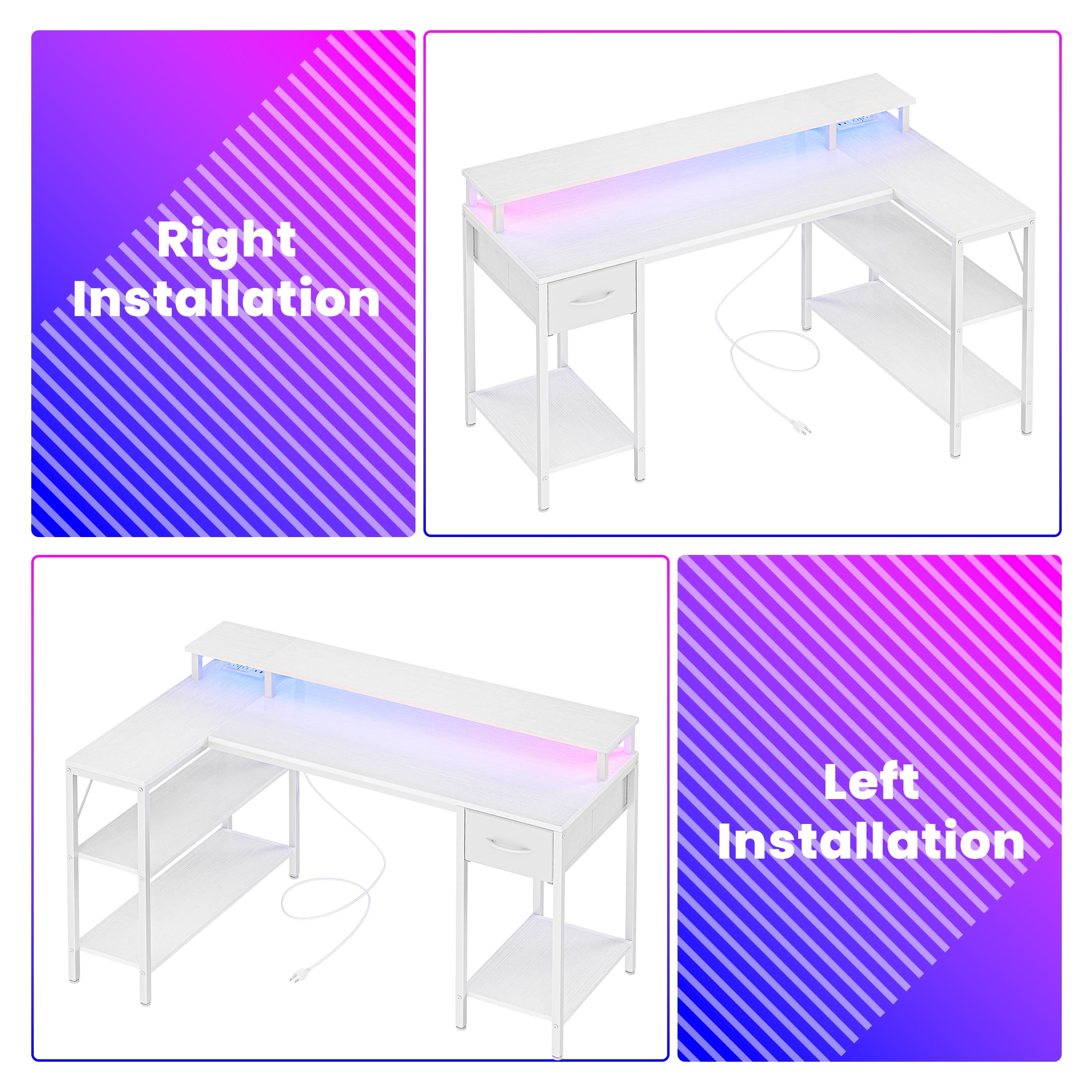 EDX 53 Inch L Shaped Gaming Desk with Power Outlet & LED Light, Reversible Computer Desk with Shelves & Monitor Stand, Corner Desk with Drawer for Home Office, White