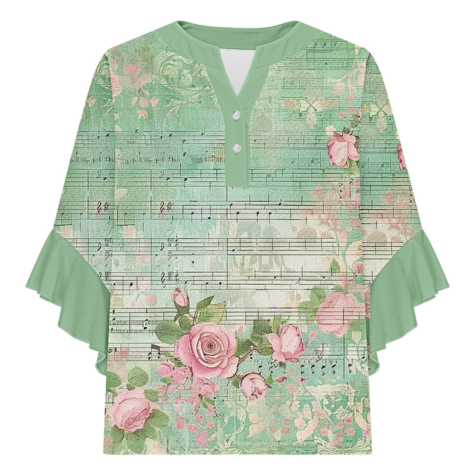 Women Boho Floral Print Blouses with 3/4 Flowy Ruffle Sleeves V Neck Half Button Down Shirt for Summer Beach Vacations