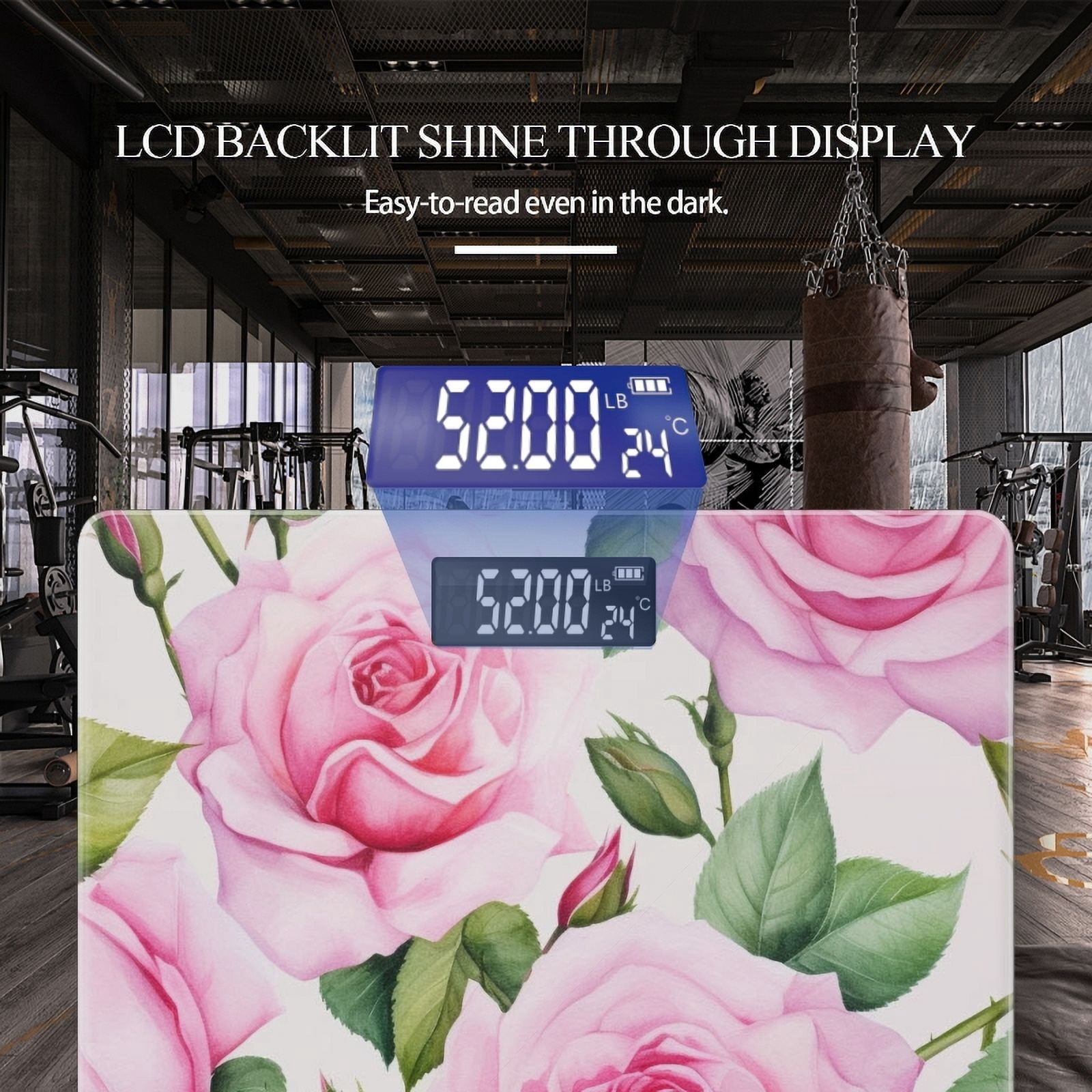 High Precision Body Weight Scale Smart Bathroom Scales with Large LCD Display(400lbs),Decorative for Bedroom-Pink Rose Flowers And Green Leaves With White Background