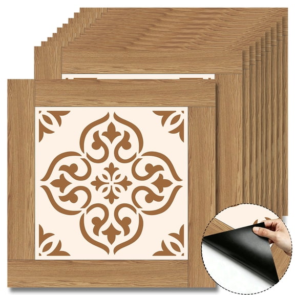 10Pcs Vintage Floral Wood Grain Peel and Stick Floor Tiles, 12x12in Covers 10 Sq. Ft. SelfAdhesive DIY Vinyl Flooring, Waterproof & Removable for Bathroom, Kitchen, Living Room, Staircase